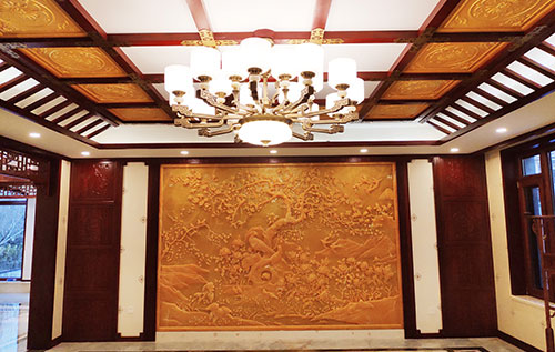 丰润中式别墅客厅中式木作横梁吊顶装饰展示